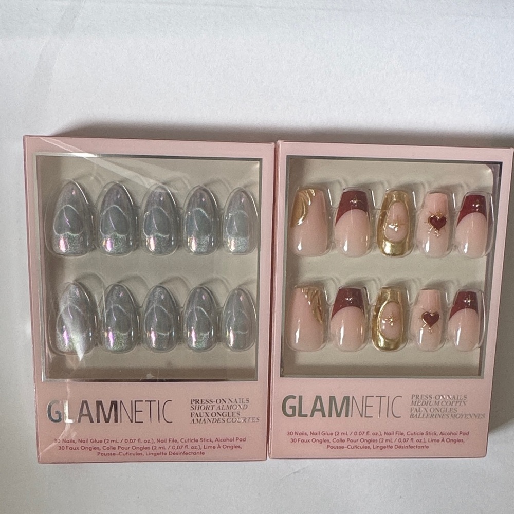 GLAMNETIC Press-On Nail Sets - Iridescent Silver & Nude Burgundy Accent